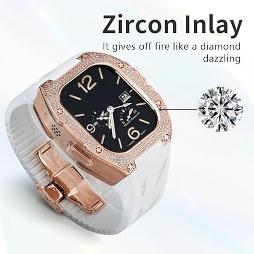 49mm Diamond Case for Apple Watch Ultra 2 Men Rubber Band Metal Buckle Titanium Cover Mod Kit Set for Iwatch Ultra2 for Applewatch Accessories(Rosegold-r)