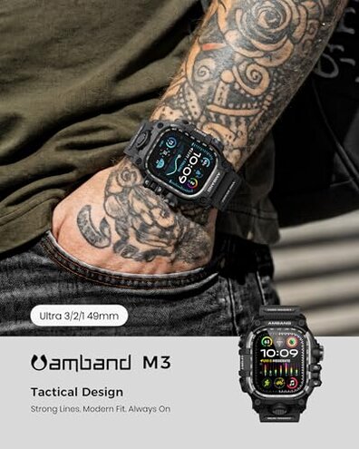 amBand Rugged Case with Band for Apple Watch Ultra 3/2/1 49mm, M3 Military Grade Shockproof Cover, Includes Screen Protector Kit, Tactical Band for Men - Compatible with iWatch Ultra, Matte Black