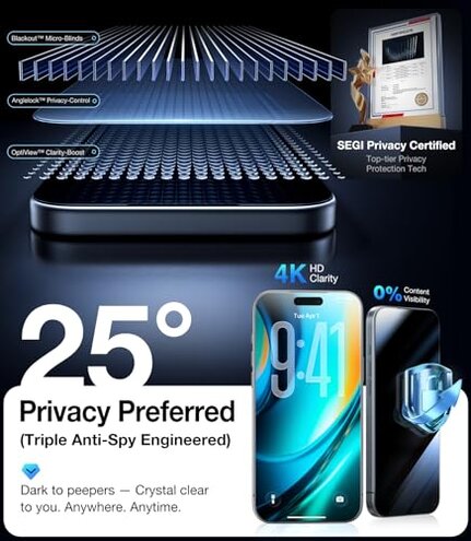 UltraGlass TOP 9H+ Armor for iPhone 16 Pro Max Privacy Screen Protector [NO.1 Military Grade Shatterproof] Privacy Screen iPhone 16 Pro Max Tempered Glass [100% Anti Spy & Longest Durable] 2 Pack
